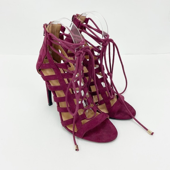 Charlotte Russe Lace Up Heels 6 Burgundy Suede Peep Toe Stiletto Strappy Sandals - Picture 1 of 11
